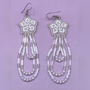 White Beaded Dangle Earrings Seed Bead Multi Strand Boho Festival Jewelry 3”